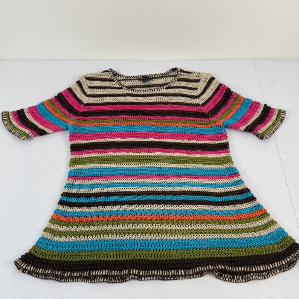 New Directions Petite XL Crochet Knit Striped Short Sleeve Sweater Top Multi